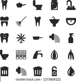 Solid vector icon set - faucet flat vector, sink, toilet, saute, towel, pulverizer, rake, hose irrigation, windmill, glass bottles, tooth, caries, dental crowns, folders for papers, trash can, drop