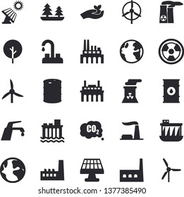 Solid vector icon set - faucet flat vector, tree, seedlings, solar battery, windmill, earth, factory, oil tanks, forest, hydroelectric power station, manufactory, plant, radiation, carbon dioxide