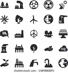 Solid vector icon set - faucet flat vector, tree, seedlings, solar battery, windmill, factory, forest, manufactory, plant, radiation, carbon dioxide, earth, nuclear power, fector