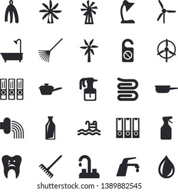 Solid vector icon set - faucet flat vector, shower, saute, towel, windmill, pulverizer, rake, hose irrigation, glass bottles, caries, reading lamp, folders for papers, pool, do not disturb fector