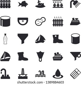 Solid vector icon set - faucet flat vector, sink, shower, heating batteries, fish, lemonade, sprinkling machine, gumboots, pond, oil production platform, drop, pipe, radiator, funnel, sailboat, pool