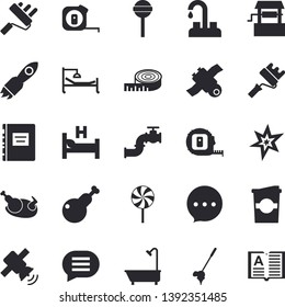 Solid vector icon set - faucet flat vector, tape measure, paint roller, shower, chicken, lollipop, coffe, well, main pipeline, rocket, hospital bed, satellit, spark, textbook, centimeter, chat, book
