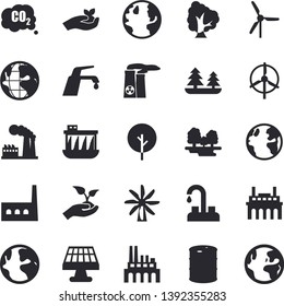 Solid vector icon set - faucet flat vector, tree, seedlings, solar battery, windmill, earth, factory, oil tanks, forest, hydroelectric power station, manufactory, plant, carbon dioxide, nuclear