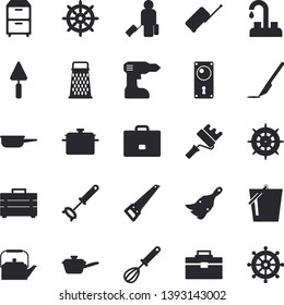 Solid vector icon set - faucet flat vector, trowel, drill screwdriver, saw, tool bag, paint brush, roller, door lock, saucepan, saute, teapot, whisk, grater, bucketful, case, scalpel, archive