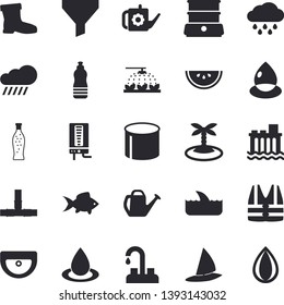 Solid vector icon set - faucet flat vector, sink, pipes, boiler, double, watermelon, fish, lemonade, sprinkling machine, watering can, gumboots, rain, hydroelectric power station, drop, funnel