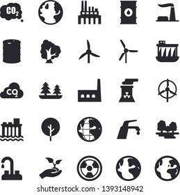 Solid vector icon set - faucet flat vector, tree, seedlings, windmill, earth, factory, oil tanks, forest, hydroelectric power station, manufactory, plant, radiation, carbon dioxide, nuclear, fector