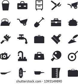 Solid vector icon set - faucet flat vector, trowel, tool bag, paint roller, door lock, putty knife, saucepan, frying pan, saute, teflon, meashuring cup, teapot, shovel, secateurs, watering can, case