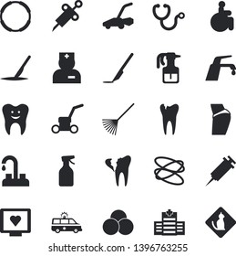 Solid vector icon set - faucet flat vector, pulverizer, rake, lawn mower, syringe, computer diagnostics of health, disabled, physician, stethoscope, ambulance, scalpel, tooth, caries, broken, pills