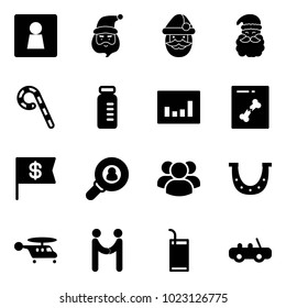 Solid vector icon set - female wc vector, santa claus, lollipop, vial, statistics, x ray, dollar flag, head hunter, group, luck, helicopter, agreement, drink, toy car