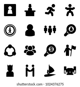 Solid vector icon set - female wc vector, recieptionist, run, gymnastics, no pedestrian road sign, user, group, head hunter, community, search money, win, king, agreement, windsurfing, sharpening