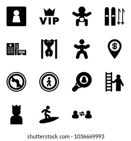 Solid vector icon set - female wc vector, vip, baby, ski, hospital building, pull ups, gymnastics, dollar pin, no left turn road sign, pedestrian, head hunter, opportunity, king, surfing