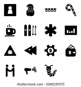 Solid vector icon set - female wc vector, santa claus, garland, lollipop, tea, ski, ambulance star, statistics, tunnel road sign, fast backward, money managemet, finance management, agreement, dryer