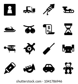 Solid vector icon set - female wc vector, fork loader, firework rocket, sleigh, snowmobile, rowanberry, account history, sand clock, helicopter, sea turtle, awl, sharpening, marker, horn toy, car