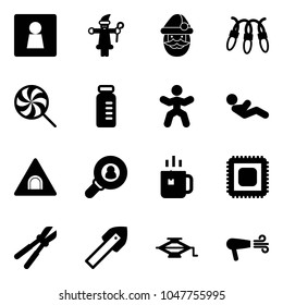 Solid vector icon set - female wc vector, santa claus, garland, lollipop, vial, gymnastics, abdominal muscles, tunnel road sign, head hunter, green tea, cpu, bolt cutter, tile drill, jack, dryer