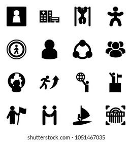 Solid vector icon set - female wc vector, hospital building, pull ups, gymnastics, no pedestrian road sign, user, social, group, man globe, career, world, win, agreement, windsurfing