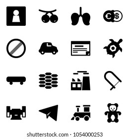 Solid vector icon set - female wc vector, rowanberry, lungs, euro dollar, no limit road sign, car, schedule, sea turtle, skateboard, carbon, plant, fretsaw, sharpening, paper plane, toy train, bear