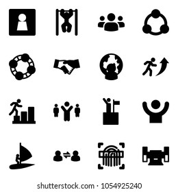 Solid vector icon set - female wc vector, pull ups, group, social, friends, agreement, man globe, career, team leader, win, success, windsurfing, information exchange, fingerprint scanner