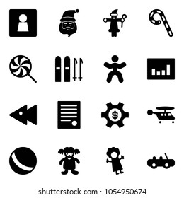 Solid vector icon set - female wc vector, santa claus, lollipop, ski, gymnastics, statistics, fast backward, agreement, money managemet, helicopter, ball, doll, toy car