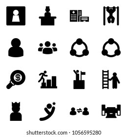 Solid vector icon set - female wc vector, recieptionist, hospital building, pull ups, user, group, social, community, search money, career, win, opportunity, king, flying man, information exchange