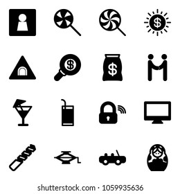 Solid vector icon set - female wc vector, lollipop, dollar sun, tunnel road sign, search money, bag, agreement, drink, wireless lock, monitor, drill, jack, toy car, russian doll