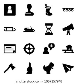 Solid vector icon set - female wc vector, stamp, christmas sock, garland, sleigh, snowmobile, sand clock, telescope, schedule, target, money dialog, bungalow, axe, brush, dinosaur toy, paper plane