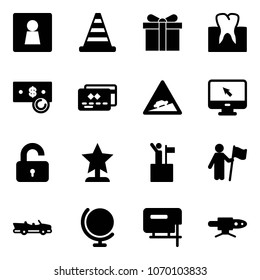 Solid vector icon set - female wc vector, road cone, gift, tooth, cash, credit card, climb sign, monitor cursor, unlocked, award, win, cabrio, globe, jig saw, pipe welding