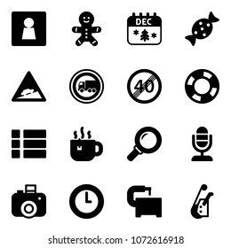 Solid vector icon set - female wc vector, cake man, christmas calendar, candy, climb road sign, no truck, end speed limit, lifebuoy, menu, hot tea, magnifier, microphone, camera, clock, machine tool