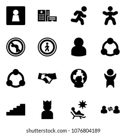 Solid vector icon set - female wc vector, hospital building, run, gymnastics, no left turn road sign, pedestrian, user, social, community, agreement, man globe, success, stairs, king, beach