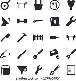 Solid vector icon set - fence flat vector, hammer, saute, teflon, electric kettle, kitchen spoon, whisk, knives, mixer, table setting, knife, satellite antenna, pipe production, welding, wrench