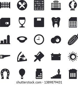 Solid vector icon set - fence flat vector, pizza, dish, cucumber, wine, scrambled eggs, horseshoe, saw, accumulator, SIM card, chart, purse, tooth, drawing pin, clock, career ladder, globe, vitamins