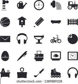 Solid vector icon set - fence flat vector, ladle, kitchen egg timer, nesting box, tractor, watering can, hose irrigation, lighthouse, clock, ultrasound, office worker, copy machine, pen, mail