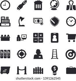 Solid vector icon set - fence flat vector, ladder, grocery trolley, rocket, cash, telephone operator, idea, express delivery, calculator, machine, diagnostics, clock, reading lamp, folder, target