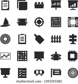 Solid vector icon set - fence flat vector, cutting board, bench, motherboard, signboard, flipchart, clipboard, chart, sticker, point diagram, to do list, target, meeting, presentaition, skateboard