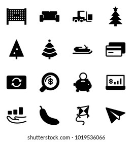 Solid vector icon set - fenced area vector, vip waiting, fork loader, christmas tree, snowmobile, credit card, exchange, money search, piggy bank, account statistics, growth, banana, kite