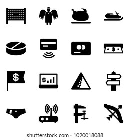 Solid vector icon set - fenced area vector, angel, turkey, snowmobile, pill, tap pay, credit card, cash, dollar flag, account statistics, landslide road sign, signpost, swimsuit, wi fi router, clamp