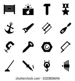 Solid vector icon set - fenced area vector, terrorism, work, star medal, anchor, saw, bucksaw, chisel, clamp, screw, nut, metal hacksaw, hoe, soldering iron, winch, allen key set