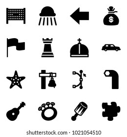 Solid vector icon set - fenced area vector, shower, left arrow, money bag, flag, chess tower, crown, limousine, starfish, ship bell, bezier, allen key, guitar, beanbag, puzzle