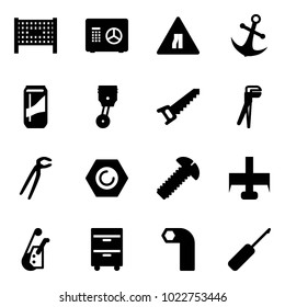 Solid vector icon set - fenced area vector, safe, Road narrows sign, anchor, drink, piston, saw, plumber, nut, screw, milling cutter, winch, tool cabinet, allen key, awl