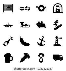 Solid vector icon set - fenced area vector, airport bus, plate spoon fork, officer window, plane, sleigh, santa, career, fizz opening, banana, anchor, lighthouse, beer, screw, beanbag, truck toy