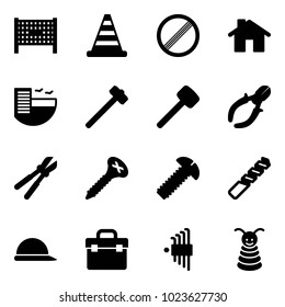 Solid vector icon set - fenced area vector, road cone, no limit sign, home, hotel, sledgehammer, rubber hammer, side cutters, bolt cutter, screw, drill, construction helmet, tool box, allen key set