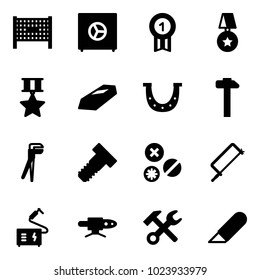 Solid vector icon set - fenced area vector, safe, gold medal, star, luck, hammer, plumber, bolt, rivet, metal hacksaw, welding, pipe, wrench, work knife