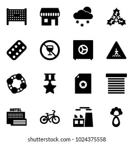 Solid vector icon set - fenced area vector, duty free, snowfall, holly, pills blister, no alcohol sign, safe, pedestrian road, friends, star medal, certificate, jalousie, sea hotel, bike, plant