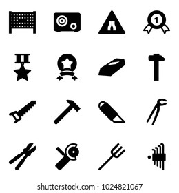 Solid vector icon set - fenced area vector, safe, Road narrows sign, gold medal, star, hammer, saw, work knife, plumber, bolt cutter, Angular grinder, farm fork, allen key set