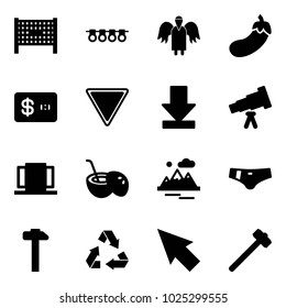 Solid vector icon set - fenced area vector, garland, angel, eggplant, credit card, giving way road sign, download, telescope, doors, coconut cocktail, mountains, swimsuit, hammer, recycling, cursor