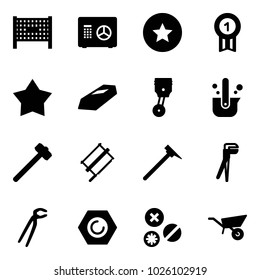 Solid vector icon set - fenced area vector, safe, star medal, gold, piston, casting of steel, sledgehammer, bucksaw, mason hammer, plumber, nut, rivet, wheelbarrow