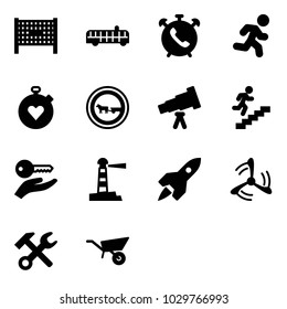 Solid vector icon set - fenced area vector, airport bus, phone alarm, run, stopwatch heart, no cart horse road sign, telescope, career, key hand, lighthouse, rocket, wind mill, wrench hammer