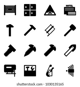 Solid vector icon set - fenced area vector, baggage room, drawbridge road sign, sea hotel, hammer, bucksaw, rubber, bolt, screw, tile drill, jig saw, tool box, winch, allen key set