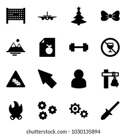 Solid vector icon set - fenced area vector, plane, christmas tree, bow, mountains, diet list, barbell, no alcohol sign, multi lane traffic road, cursor, user, ship bell, fire, flower, gear, clinch