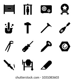 Solid vector icon set - fenced area vector, metal detector gate, safe, star medal, casting of steel, hammer, mason, chisel, plumber, screwdriver, screw, nut, soldering iron, cocncrete mixer