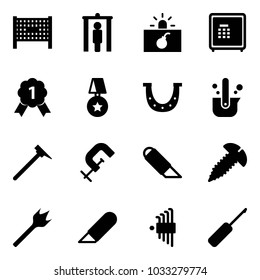 Solid vector icon set - fenced area vector, metal detector gate, terrorism, safe, gold medal, star, luck, casting of steel, mason hammer, clamp, work knife, screw, wood drill, allen key set, awl